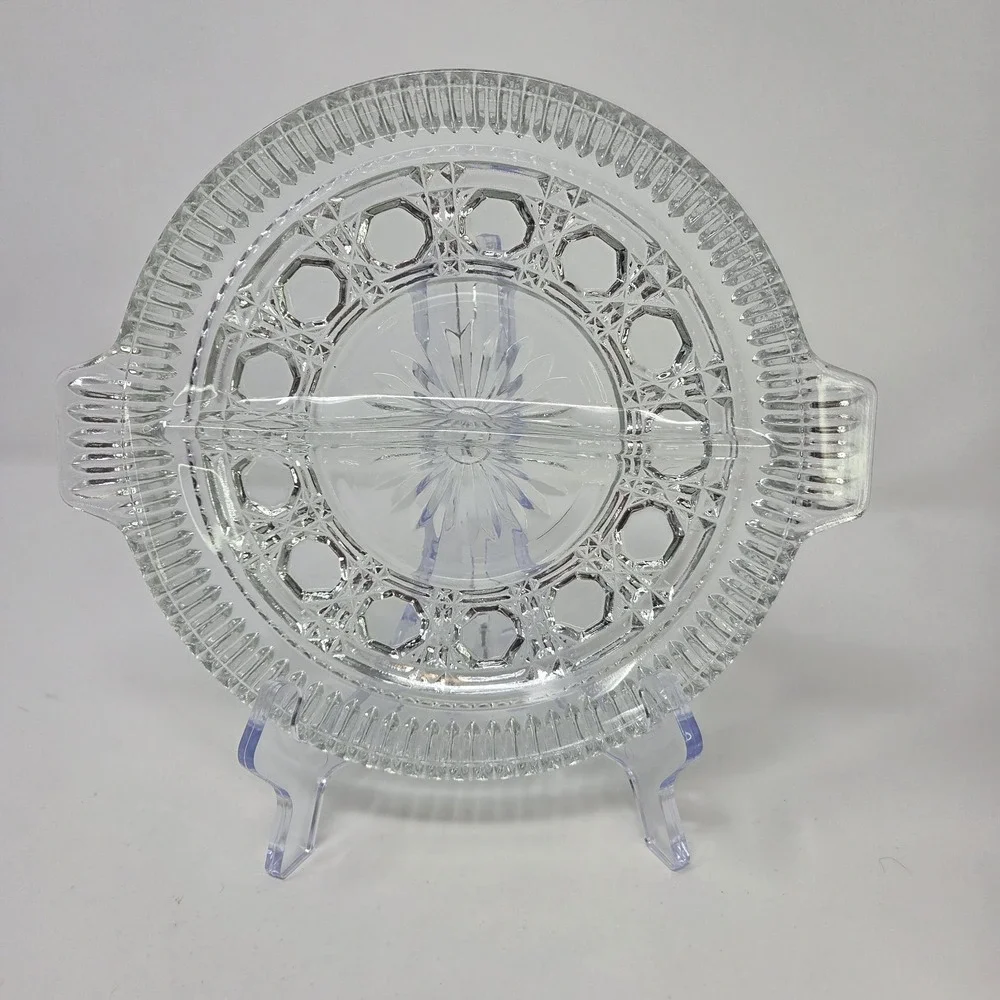 Indiana Glass Divided Relish Dish Blue Windsor Tab Handles Pressed Glass Vintage