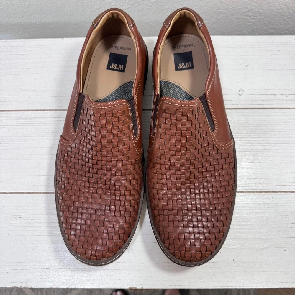Johnston & Murphy J&M Mens Brown Woven Leather Sheepskin Slip On Loafers 10M