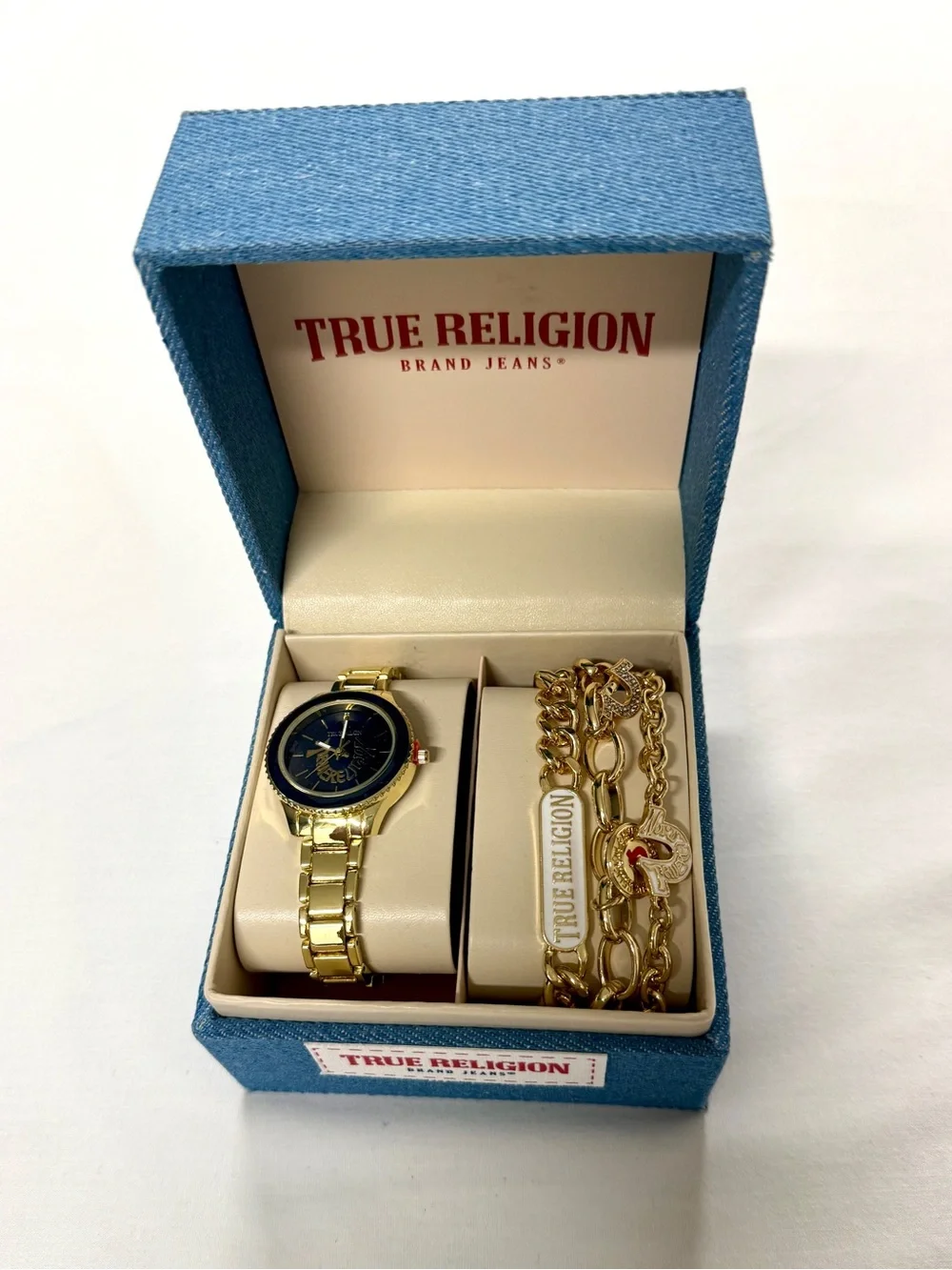 True Religion Gold Tone Watch with Navy Dial and Matching Gold Bracelet Set