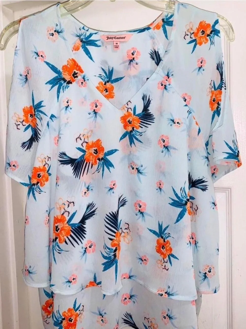 Juicy Couture Light Blue Floral V-Neck Blouse with Orange & Pink Blooms