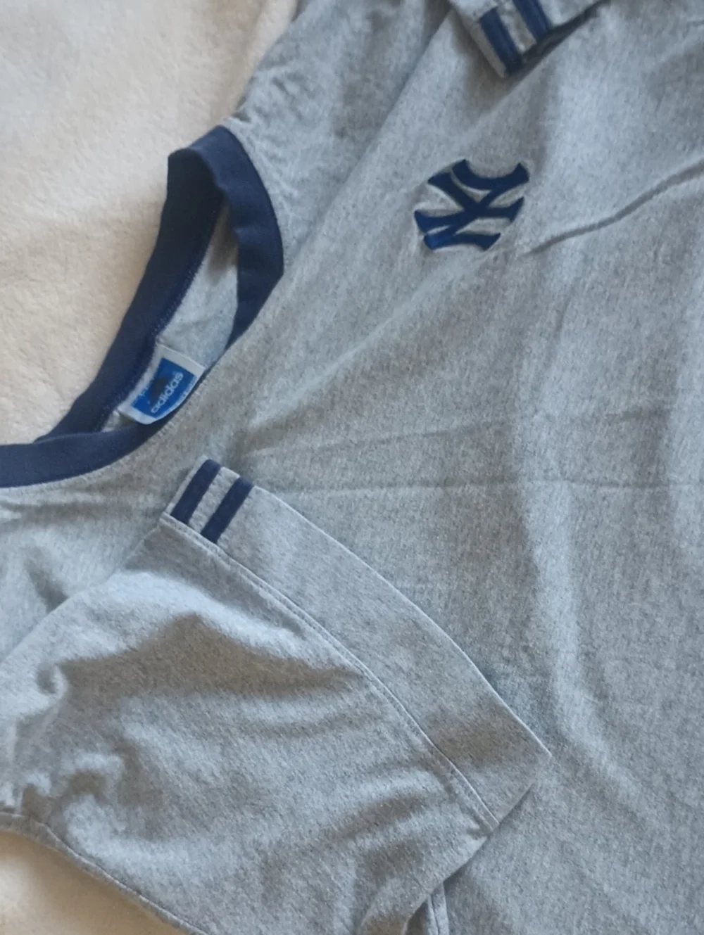 Adidas Light Gray Ringer Tee with Navy Trim and Logo