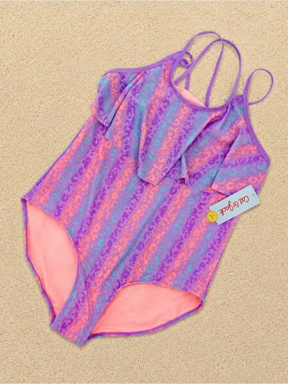 Cat & Jack XL Plus Purple Pink Leopard Ruffle One Piece Swimsuit UPF 50+ NWT