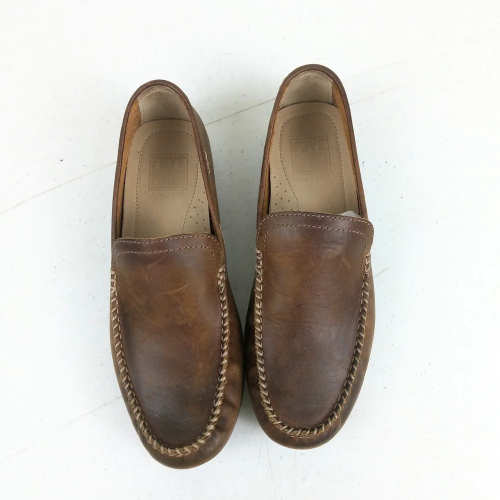Frye Brown Leather Men’s Moccasin Loafers Size 7 Lewis Venetian Driving Shoes