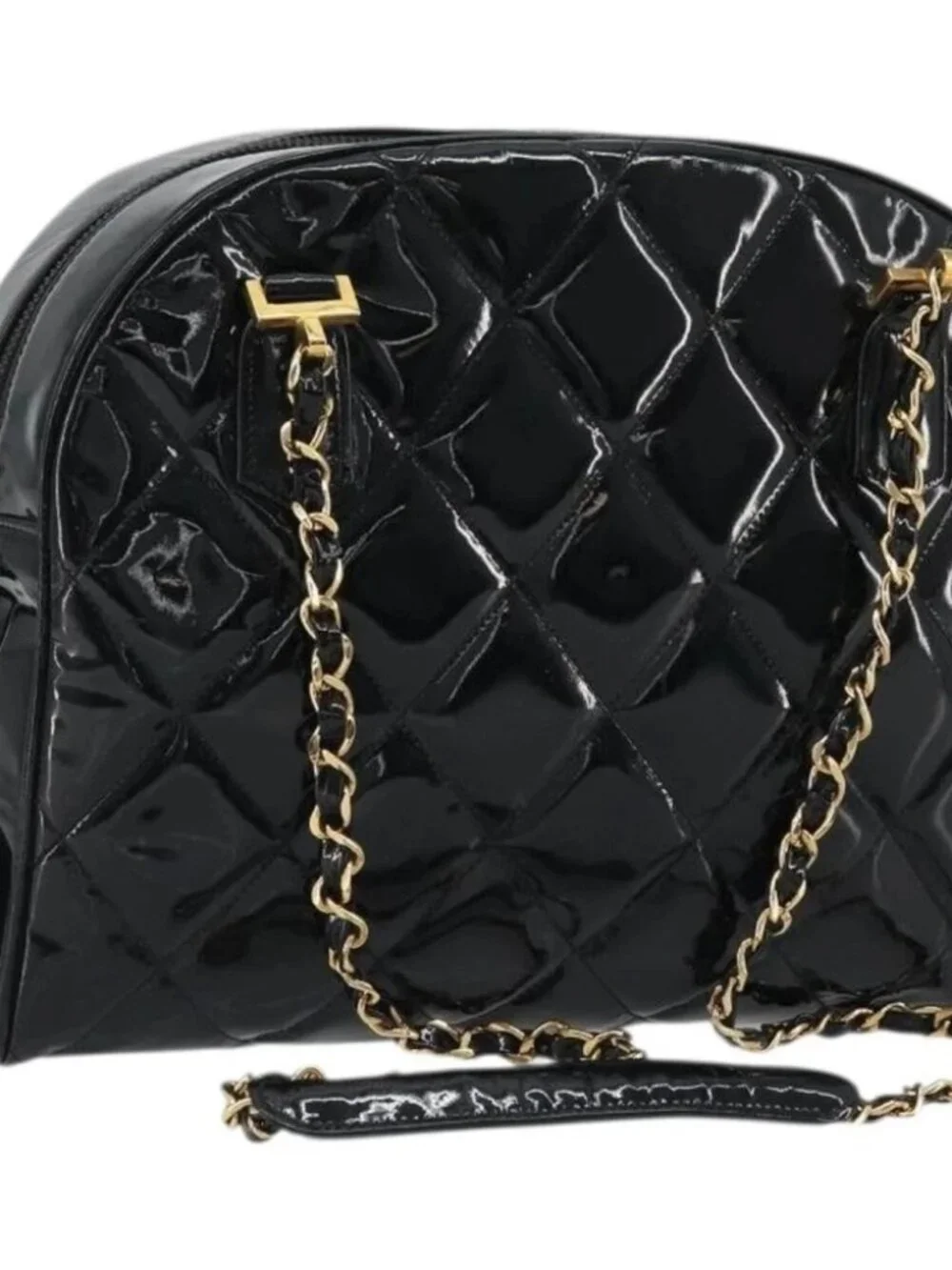 CHANEL Matelasse Chain Shoulder Bag Patent Leather Black Gold CC Auth YKZ1501