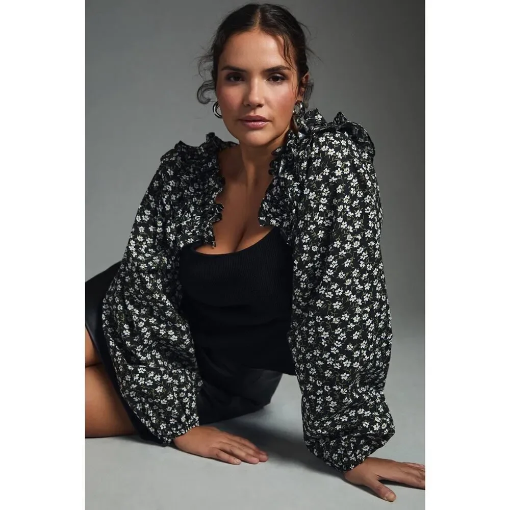 NWT By Anthropologie Woven Ruffle-Sleeve Sweater XS Black Floral Puff Sleeve