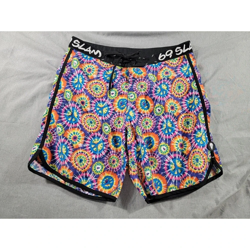 69 Slam Board‎ Shorts 34x8 70's Peace Sign, Hippie, Swim, Beach, Surf, Pool
