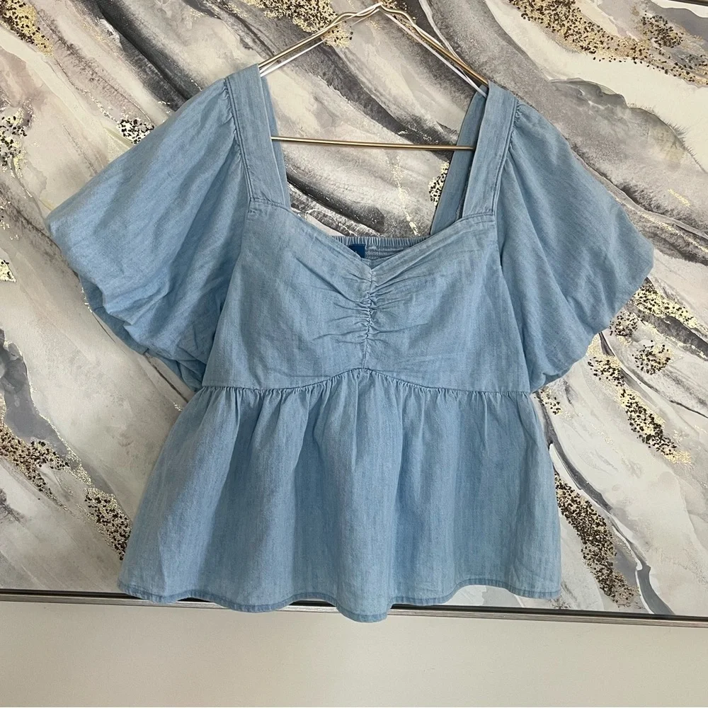 OLD NAVY Blue Peplum Top L Puff Sleeve Square Neck Cotton Casual Summer Chic