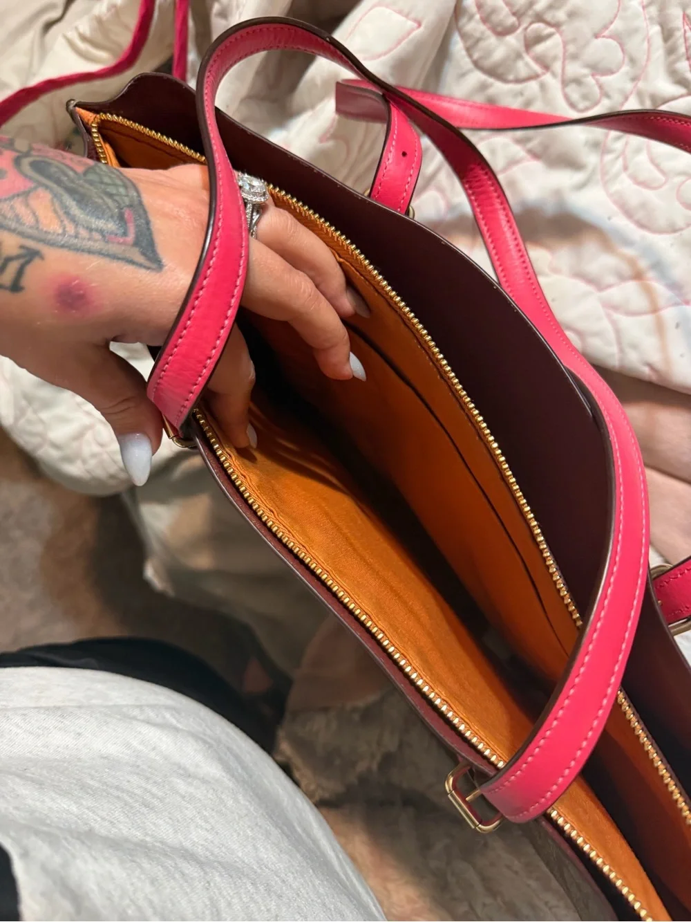 Coach Brown Signature Canvas Tote with Pink Trim