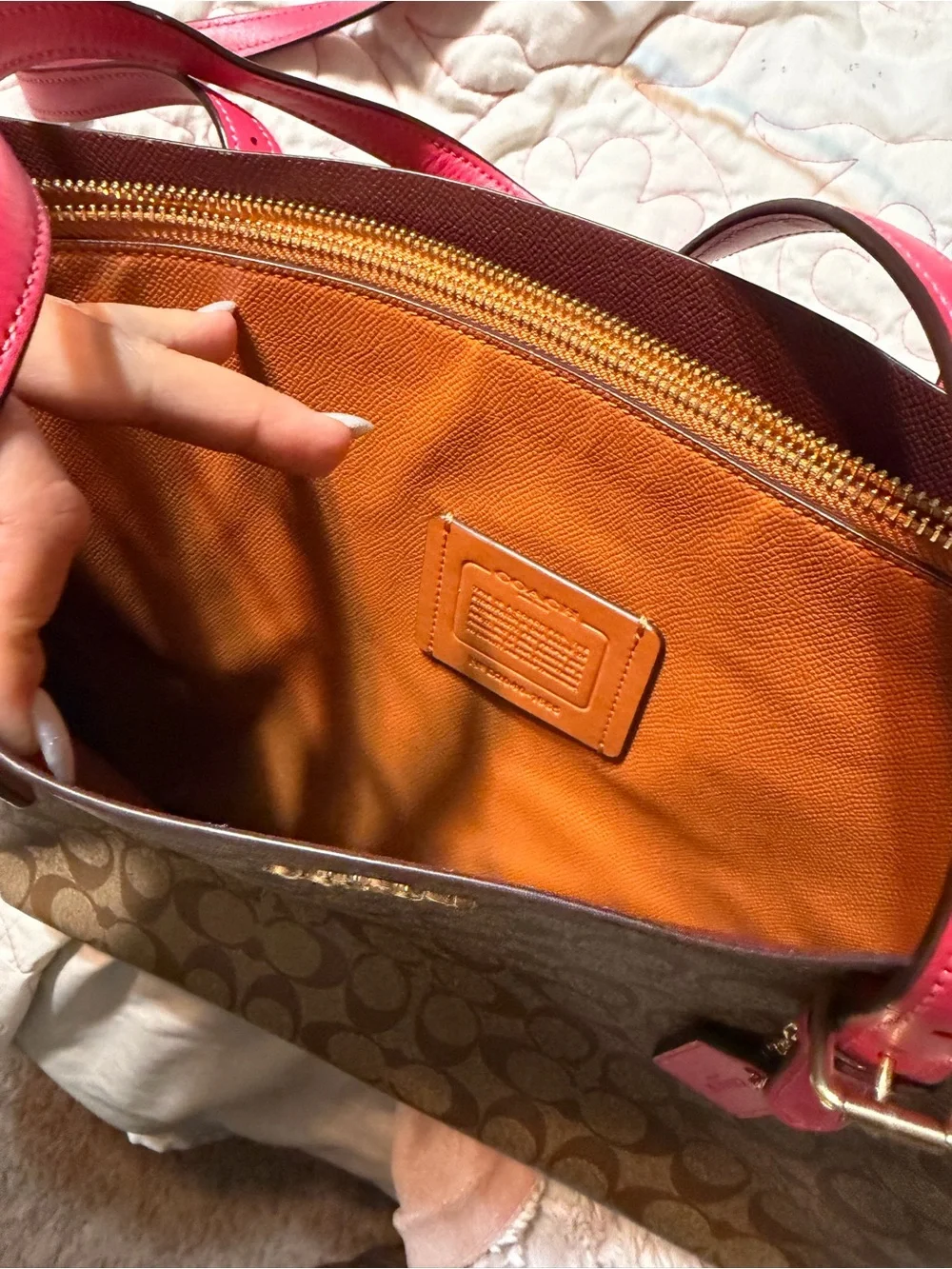 Coach Brown Signature Canvas Tote with Pink Trim