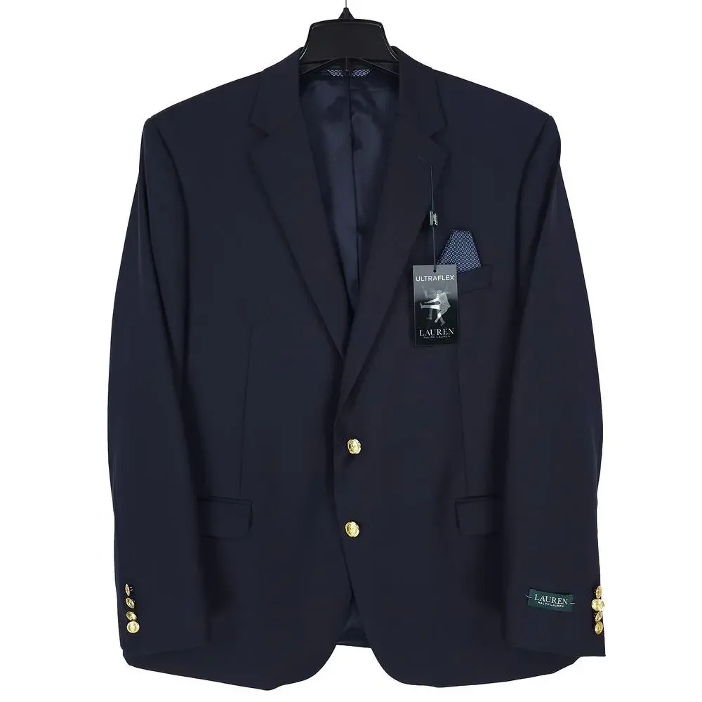 Lauren Ralph Lauren Mens Classic Fit Sport Coat 46R Navy Blue Solid Stretch Wool