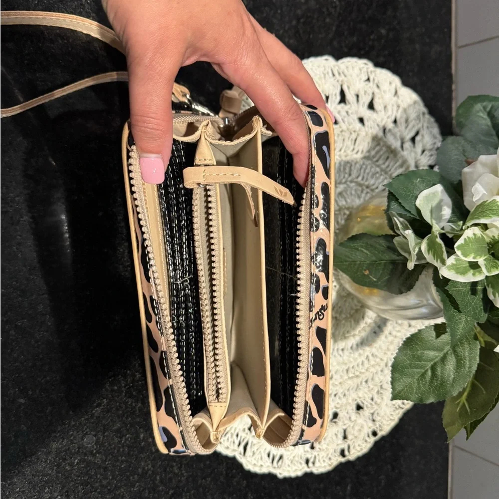 Consuela Tan and Black Leopard Patent Zip Wallet