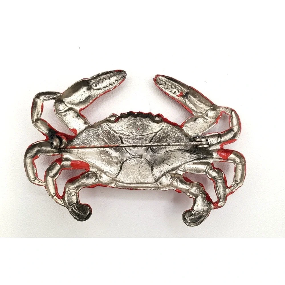 Vintage Red Enamel Painted on Tin Crab Brooch Pin