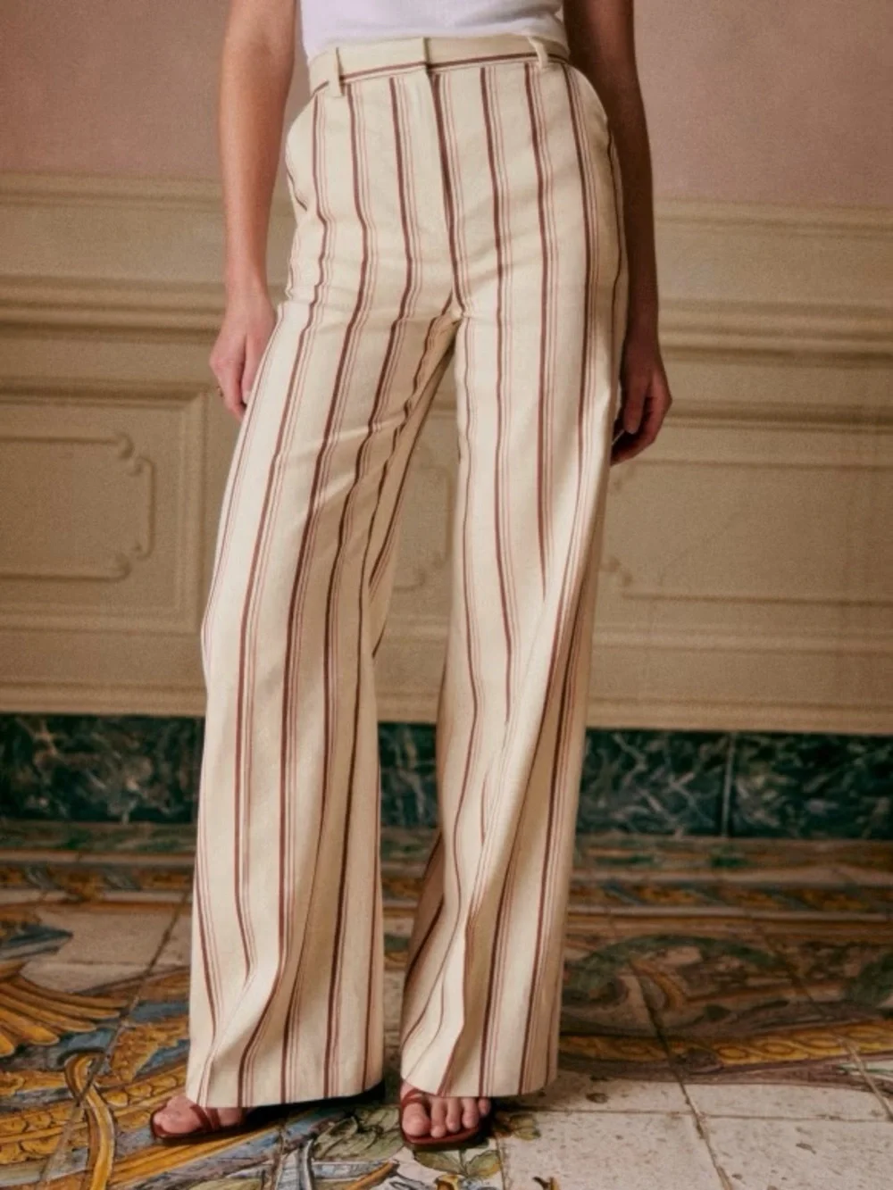 NWT Sézane Matheo Trousers in Stripes Beige Pink Brown Size 4/36