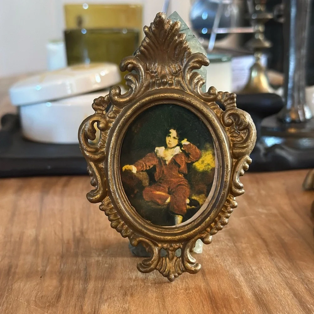 Vintage gold tone ornate framed picture boy in red moody 4.5”x 3” hong kong