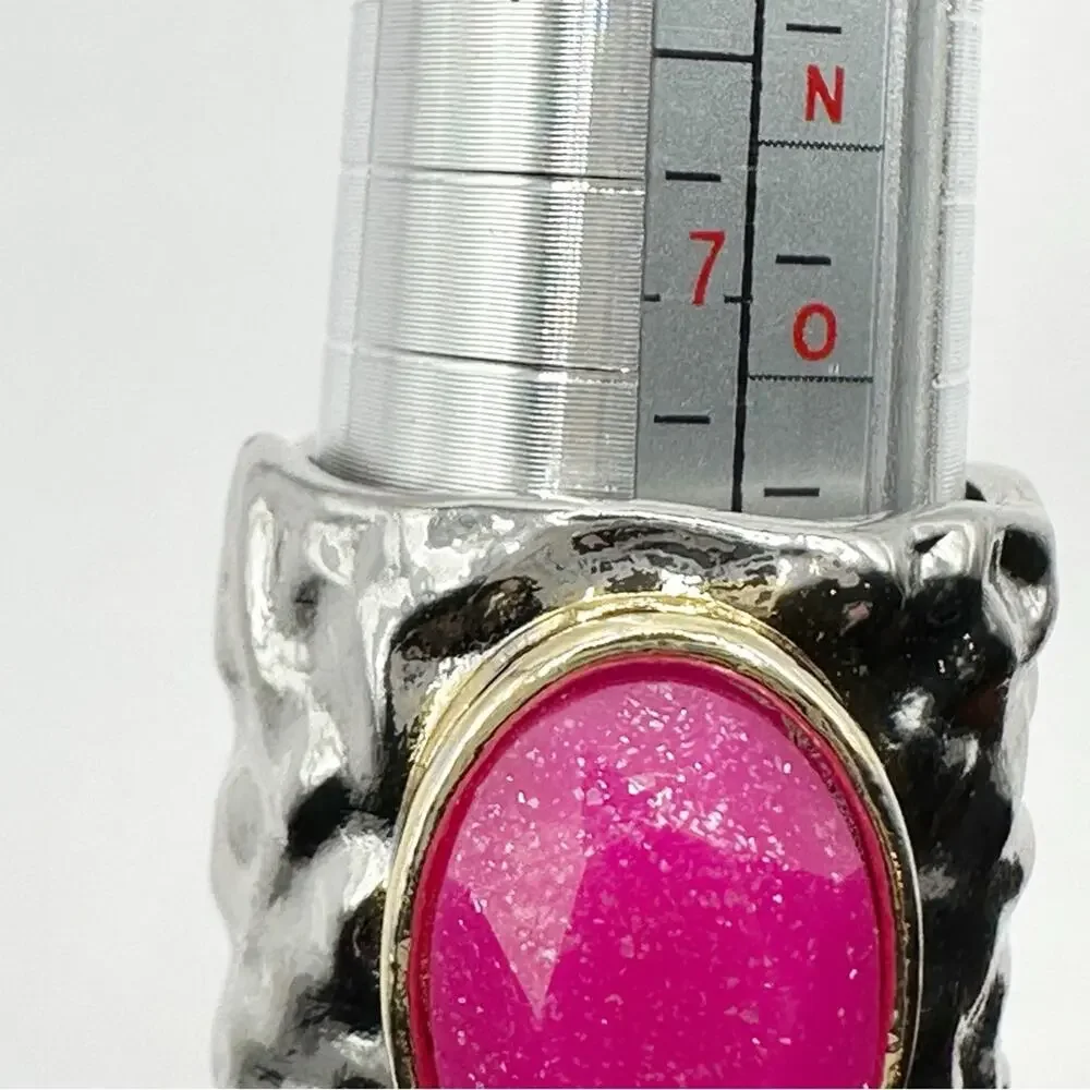 Pink Faceted Ring Hammered Silver Two tone Size 7.5 7 1/2 Costume Jewelry Funky