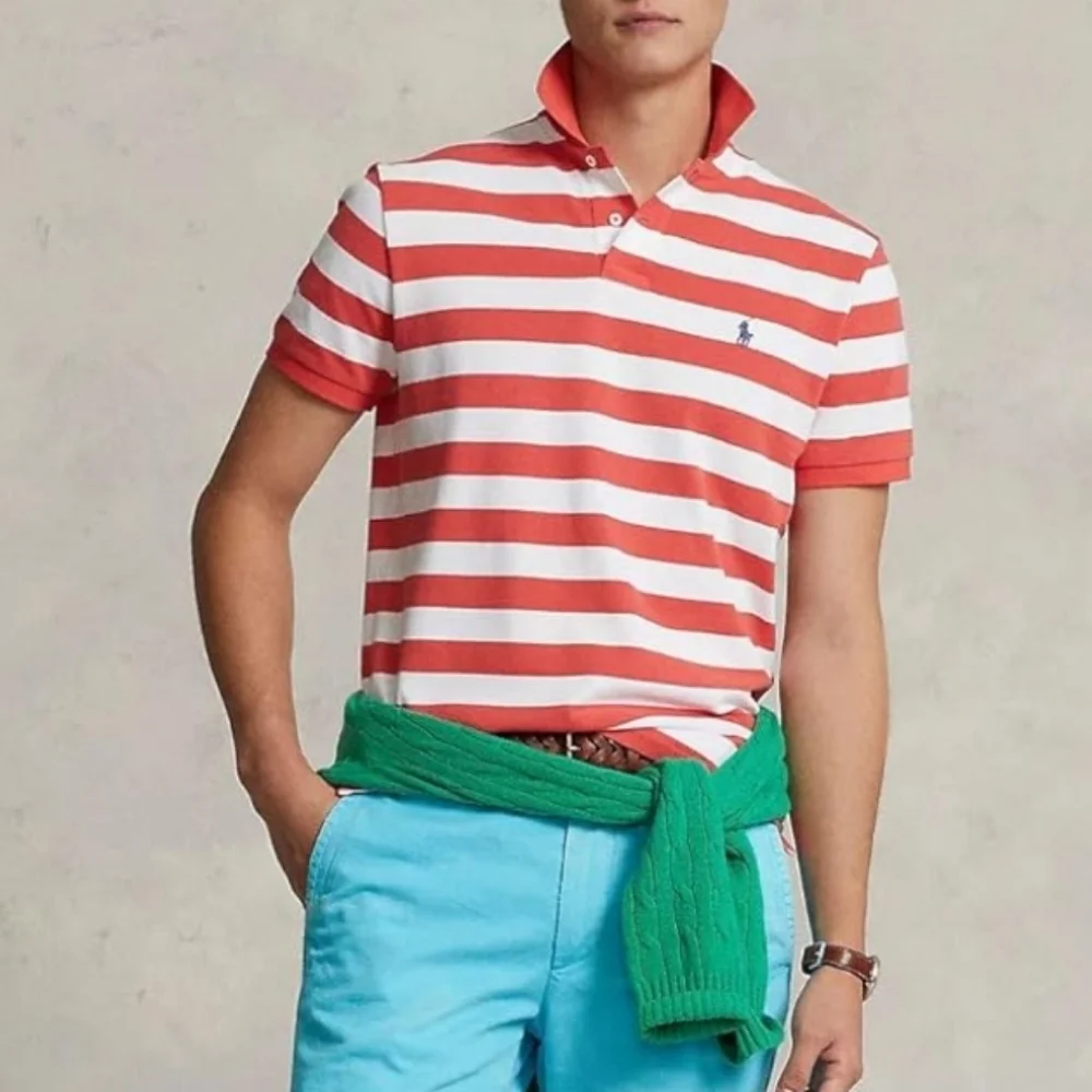 Polo Ralph Lauren Men Classic Fit Red & White Bold Striped Mesh Polo Shi…