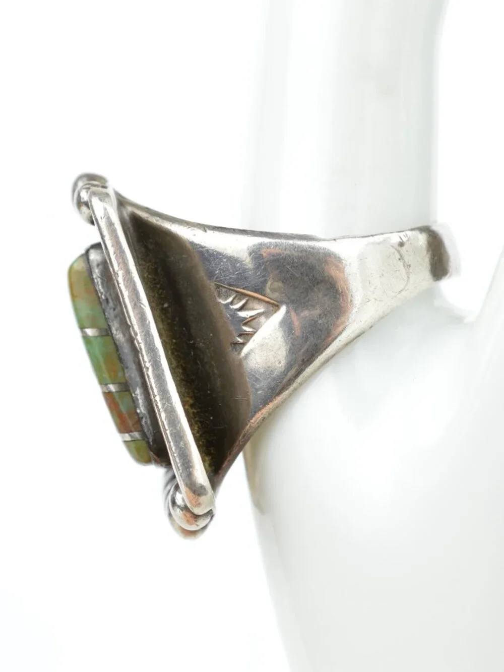 Vintage Navajo Sterling Silver Gaspeite Channel Inlay Ring Sz 14.25 Heavy 19.5g