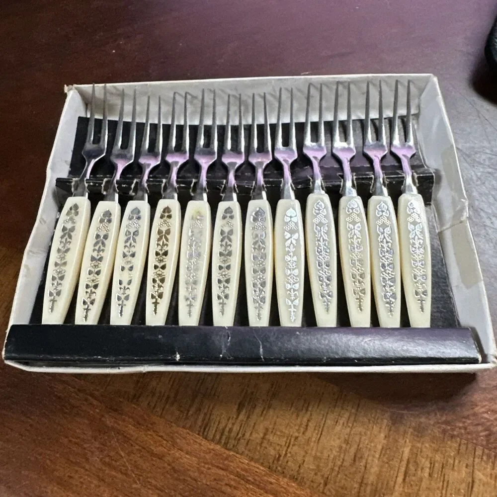 Vintage Mini Fork Stainless Steel With Decorative Handles Set Of 12 Appetizers