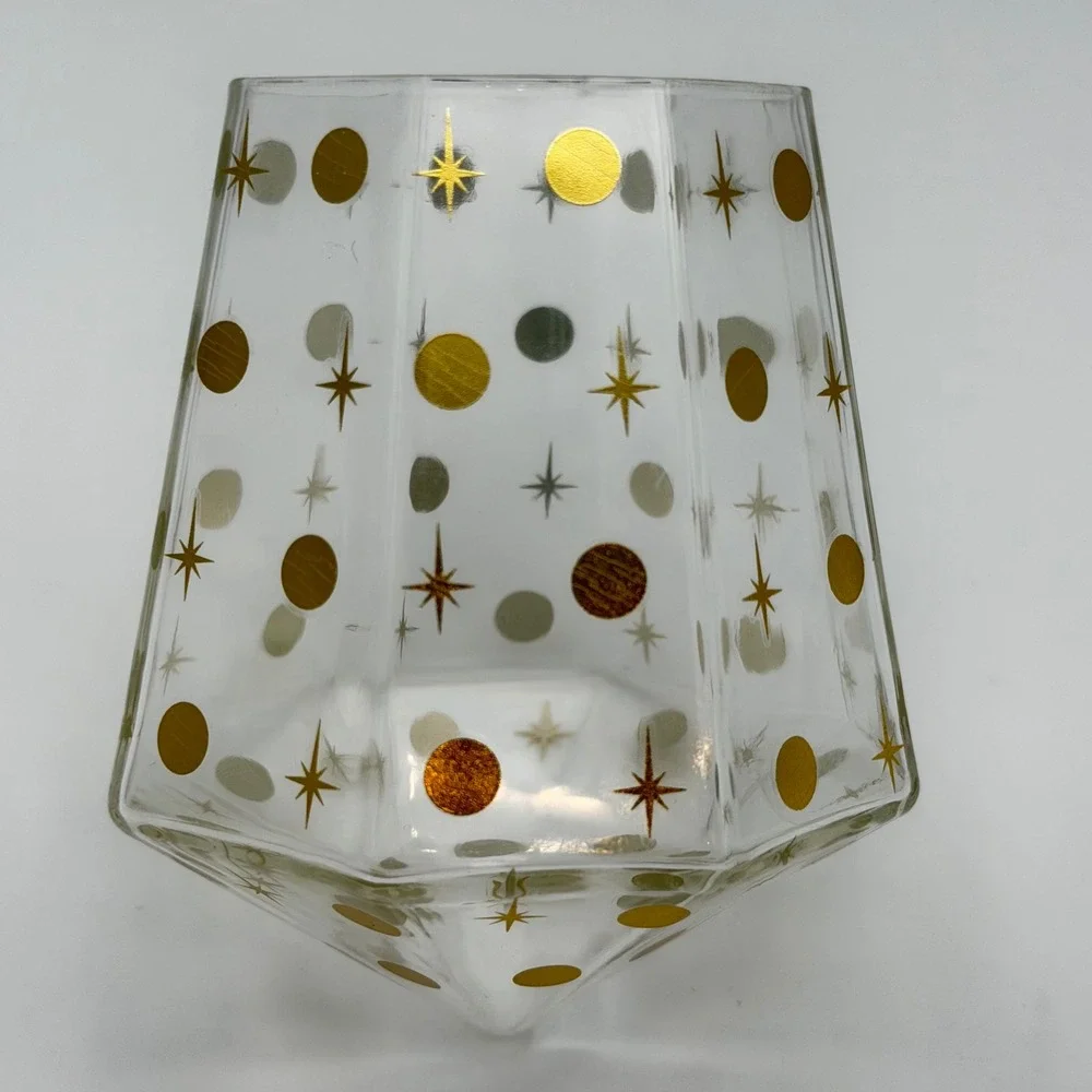 Chic and Tonic Faceted Glass Diamond Tumbler Set 4pc Gold Starburst Mid-Century‎