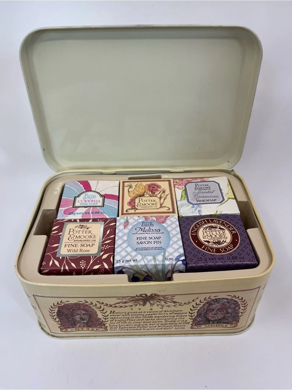 Potter & Moore 12 Assorted Fine Soaps in Decorative Hinged Tin - Complete