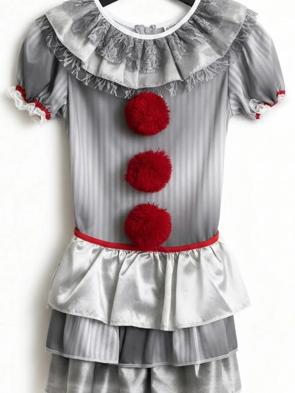 Kids Silver Clown Costume Dress with Red Pom-Pom Accents