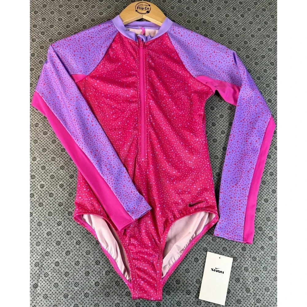 Nike Girls Long Sleeve One-Piece Swimsuit Pink Purple Water Dots Size L (14/16)
