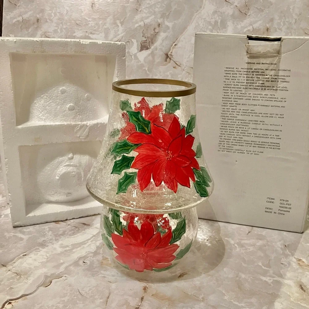 Yankee Candle Crackle Glass Poinsettia Lamp Set Votive Holder Hurricane Shade