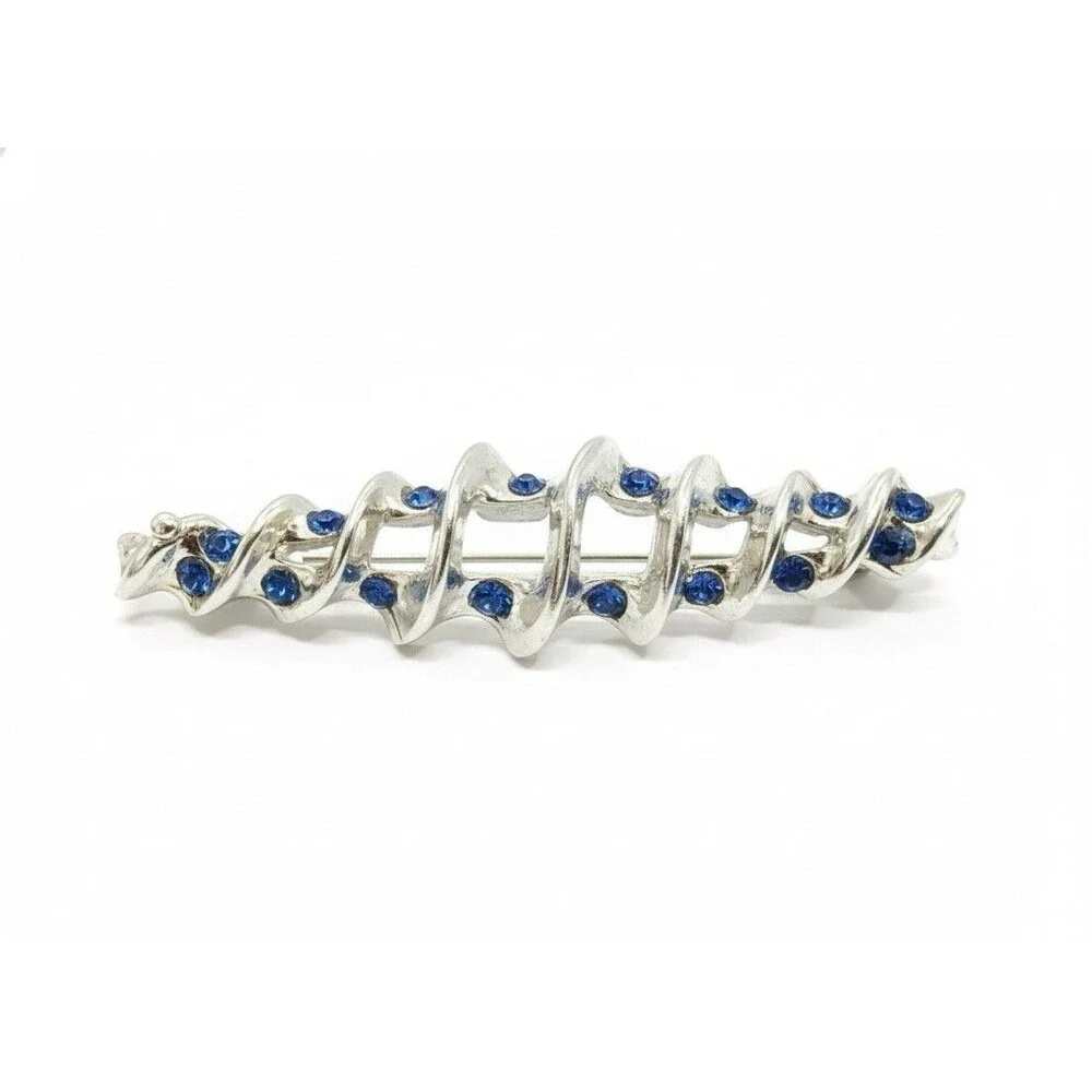 Vintage Silver Tone Spiral/Screw Brooch Pin Brilliant Blue Rhinestones Costume