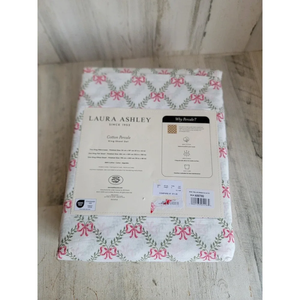 Laura Ashley NEW bow trellis King bedsheet 3pc Xmas‎ home decor holiday
