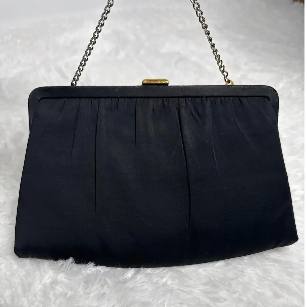 1950s After Five Black Satin Evening Clutch Rhinestone Clasp Coin Purse USA