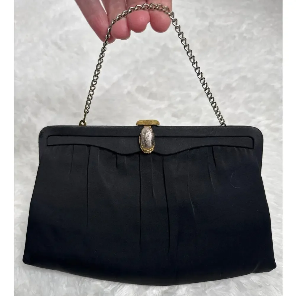 1950s After Five Black Satin Evening Clutch Rhinestone Clasp Coin Purse USA