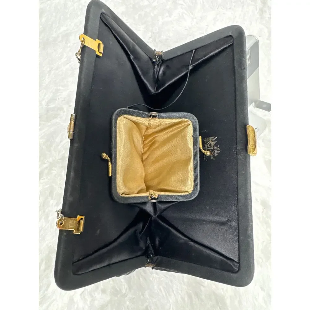 1950s After Five Black Satin Evening Clutch Rhinestone Clasp Coin Purse USA