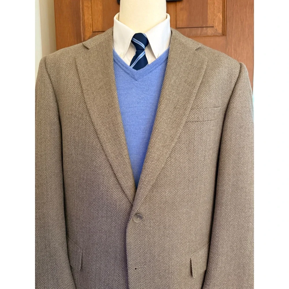 Alan Lebow Herringbone Sport‎ Coat Mens 44R Tan Wool Cashmere Blazer Jacket