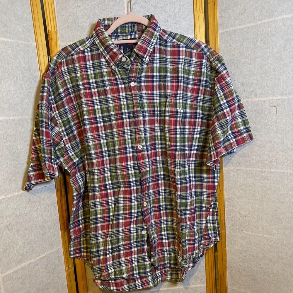 Vintage Red Sky Mens Large Short Sleeve Button Down Shirt Plaid‎ Cotton Red Y2K