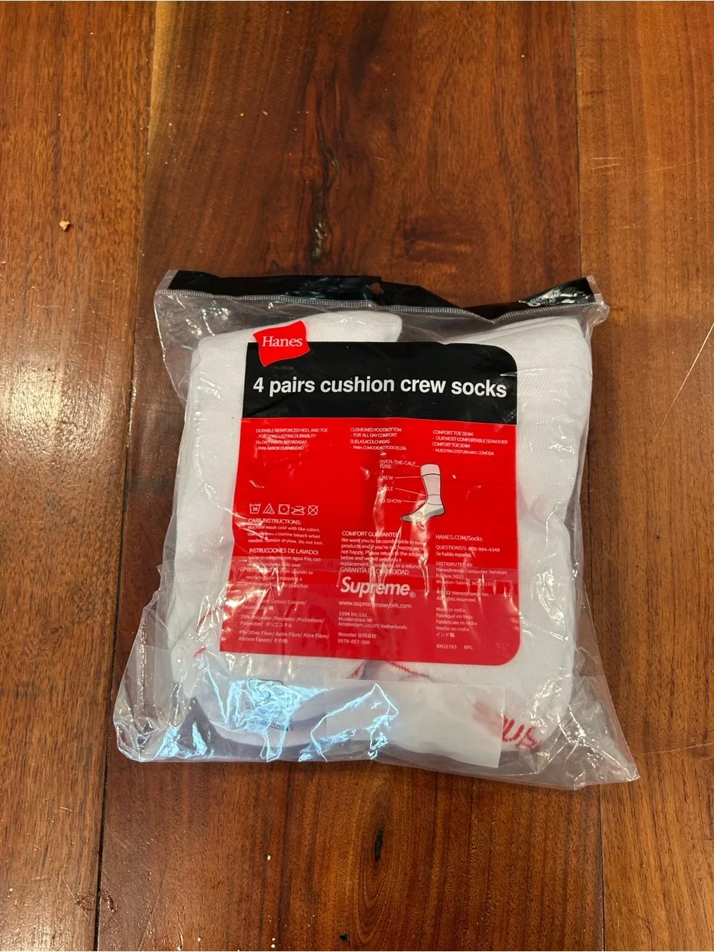 Hanes White Crew Socks with Red Sup Logo - 4 Pack