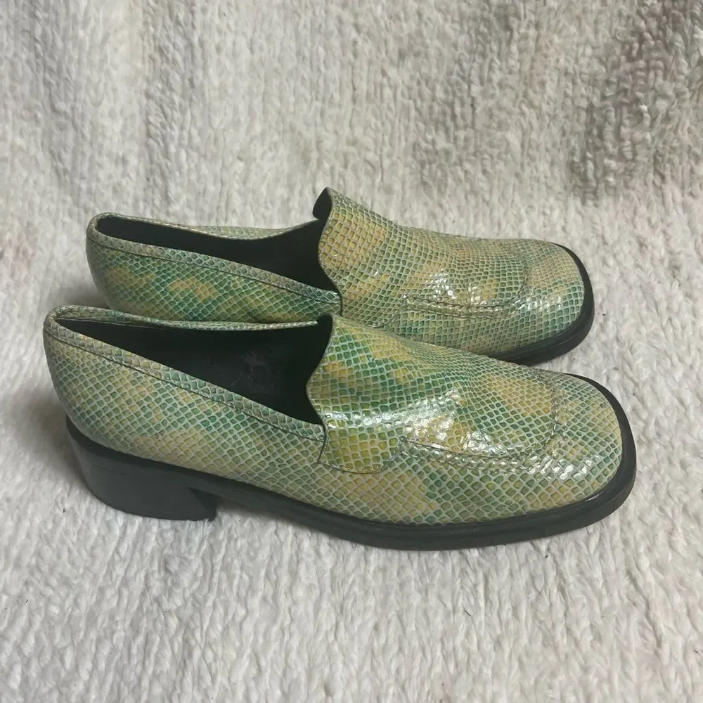 MABOU leather snake skin print Green and Yellow Loafers Block heels SZ8