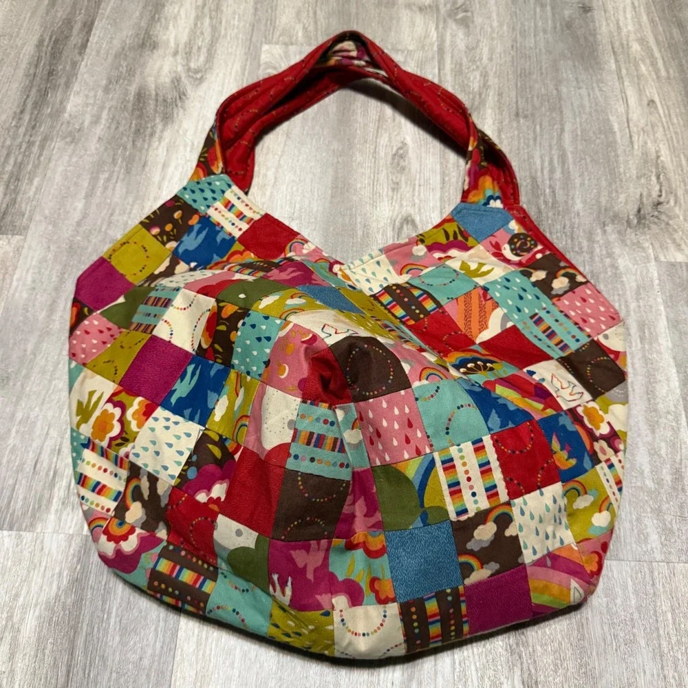 Quilted Patchwork Hobo Shoulder Bag Rainbow Cloud Boho Multicolored‎