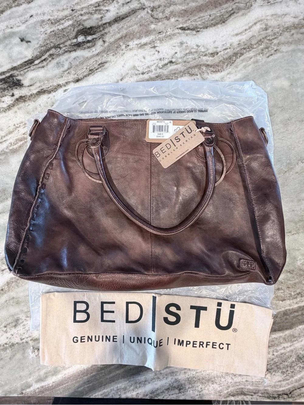 Bed Stu Rockaway Stitch-Detail Distressed Satchel Bag color-Teak Rustic