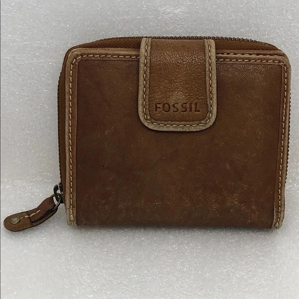 FOSSIL Wallet Brown Multicolor Patchwork Leather Zip Around