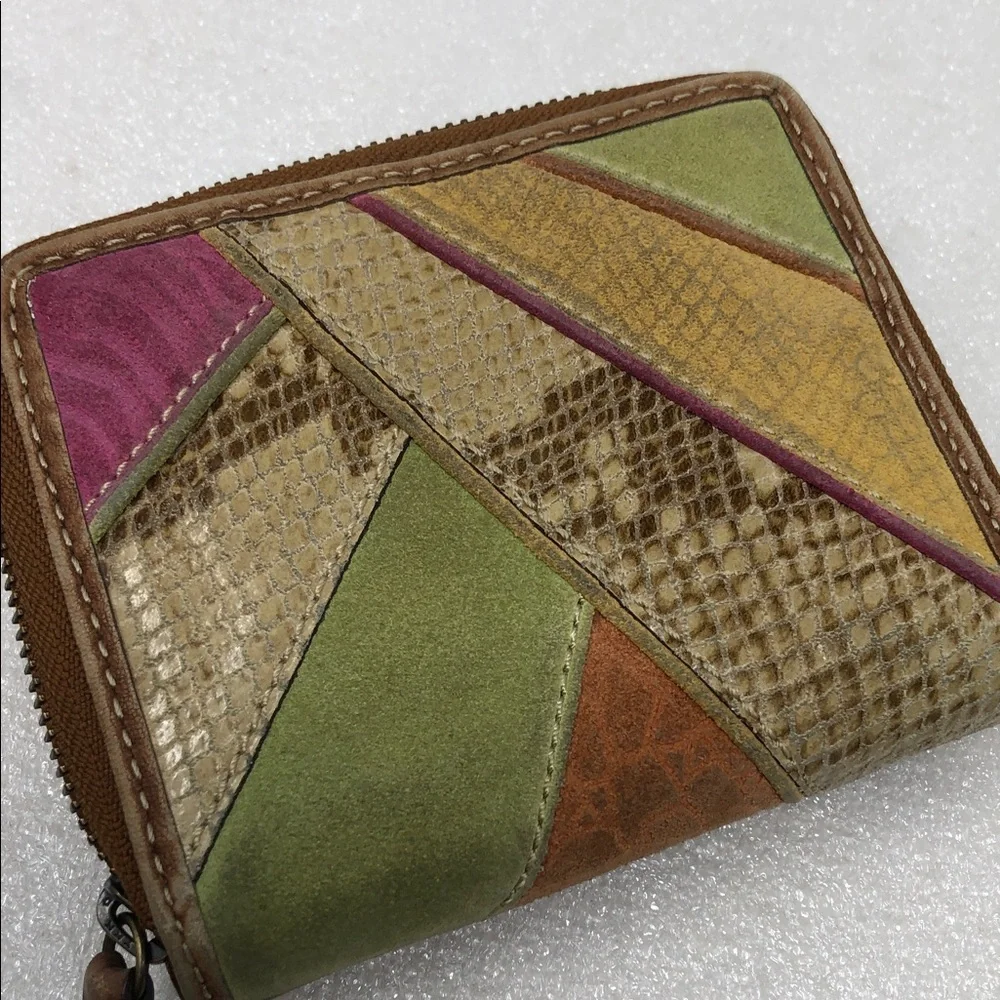 FOSSIL Wallet Brown Multicolor Patchwork Leather Zip Around