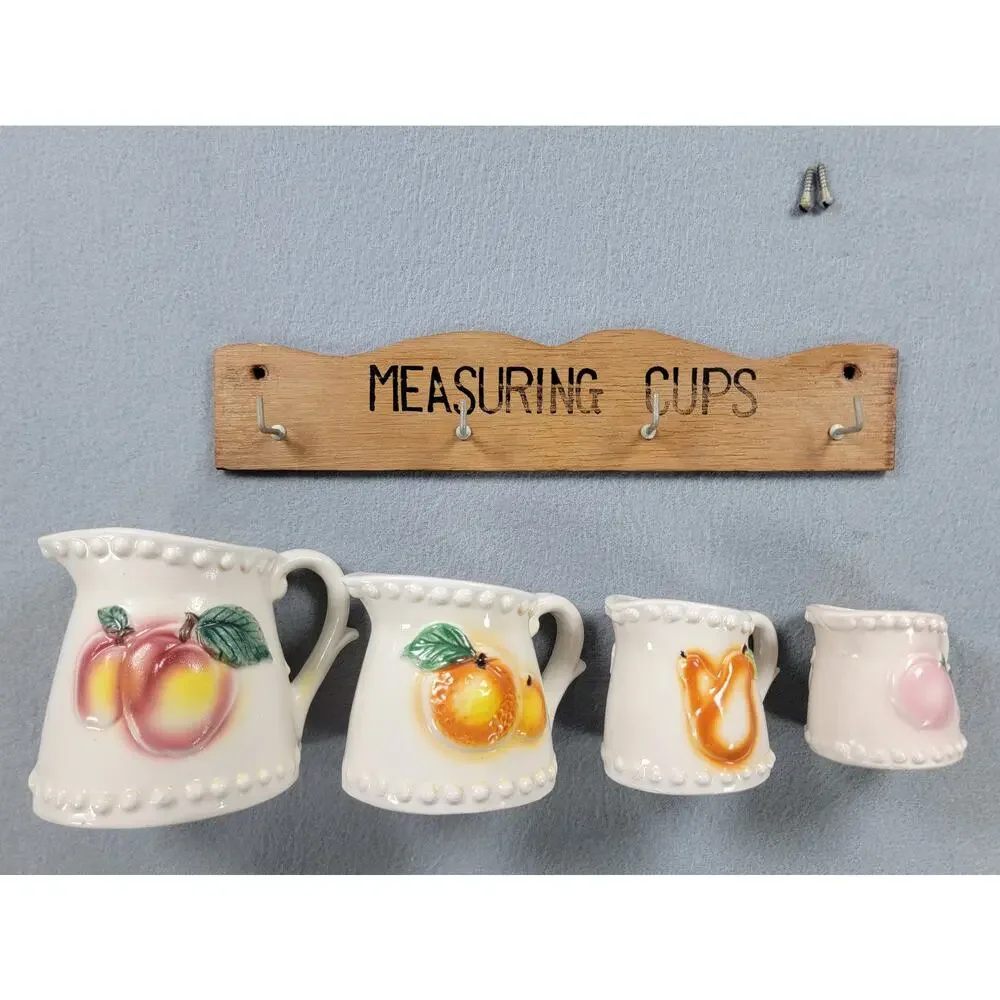 Vintage Japan Ceramic Fruit Measuring Cups Wall Rack Farmhouse Decor