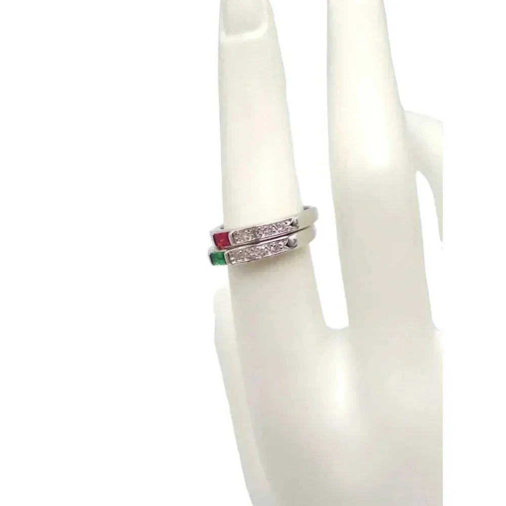 925 Sterling Silver Set of Two Red and Green Stone Band Rings Size 7 Vintage