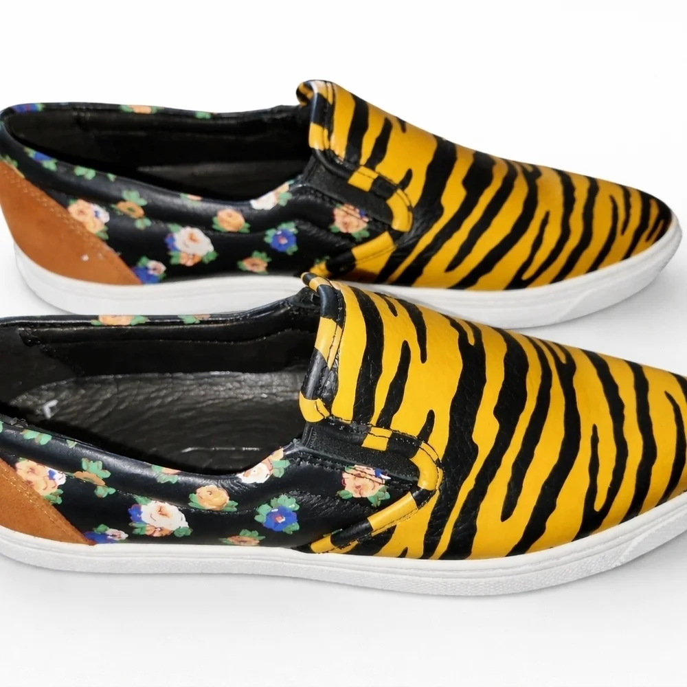 COACH Tiger Stripe Floral Slip-On Leather And Suede Sneakers.