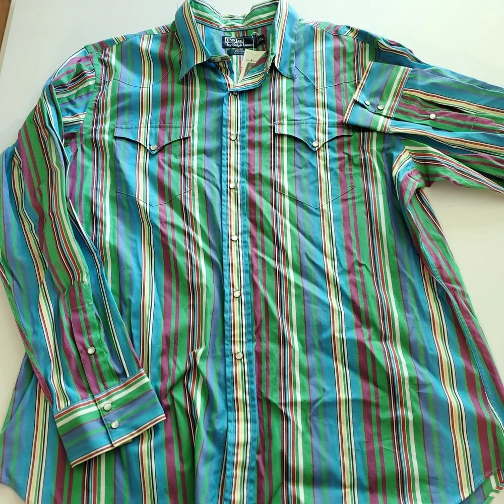 New Vintage Polo Ralph Lauren Mens 2XL Striped Pearl Snap Western Shirt NWT