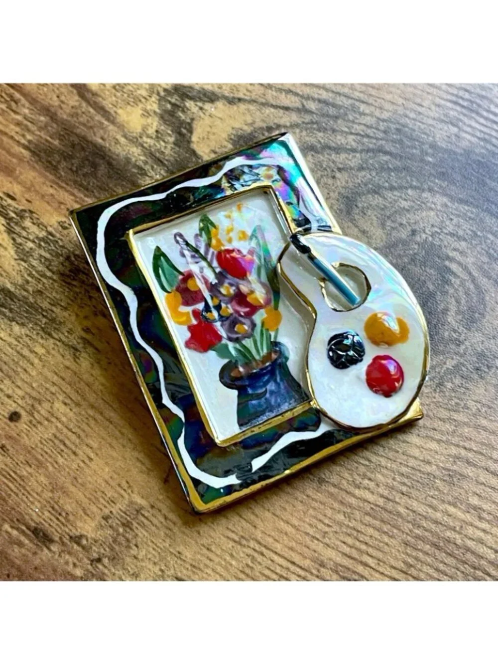 Vintage Artisan Ceramic Brooch Framed Floral Artist Painter Palette Pop Art Pin