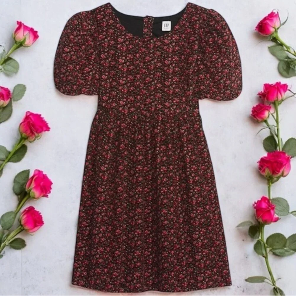 Gap Black and Red Floral Corduroy Puff Sleeve Summer Holiday Dress Girl’s‎ XL