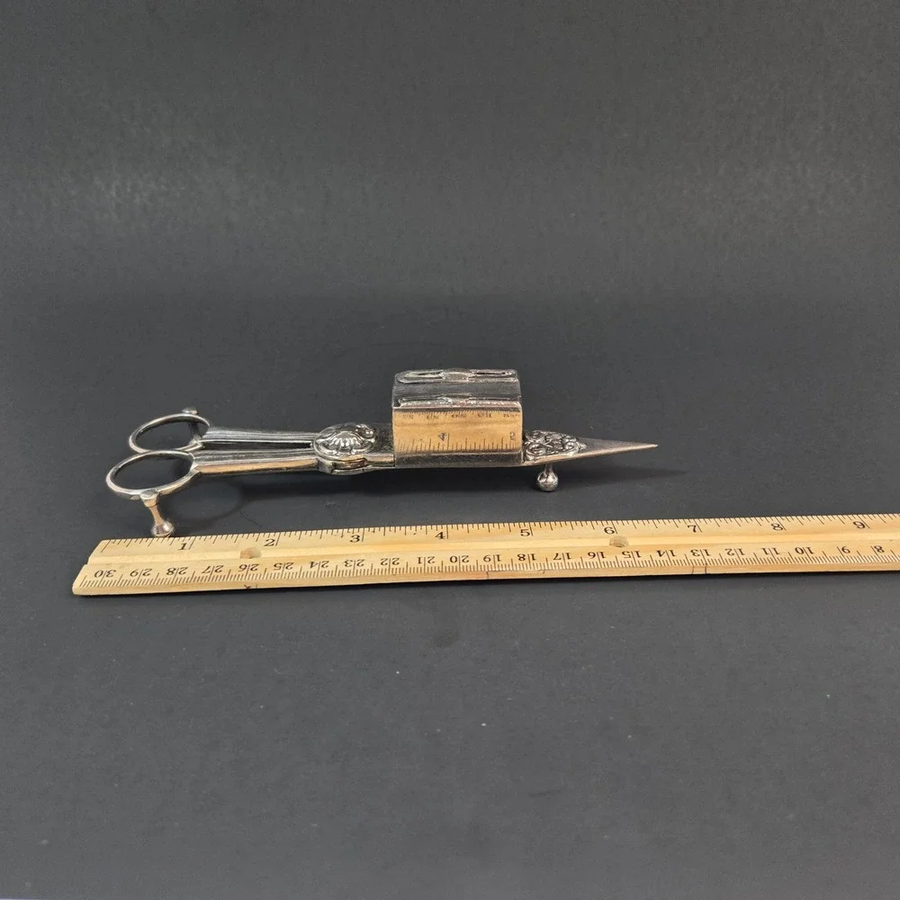 Antique Silver Tone Candle Snuffer Wick Trimmer Scissor Ornate Floral Victorian