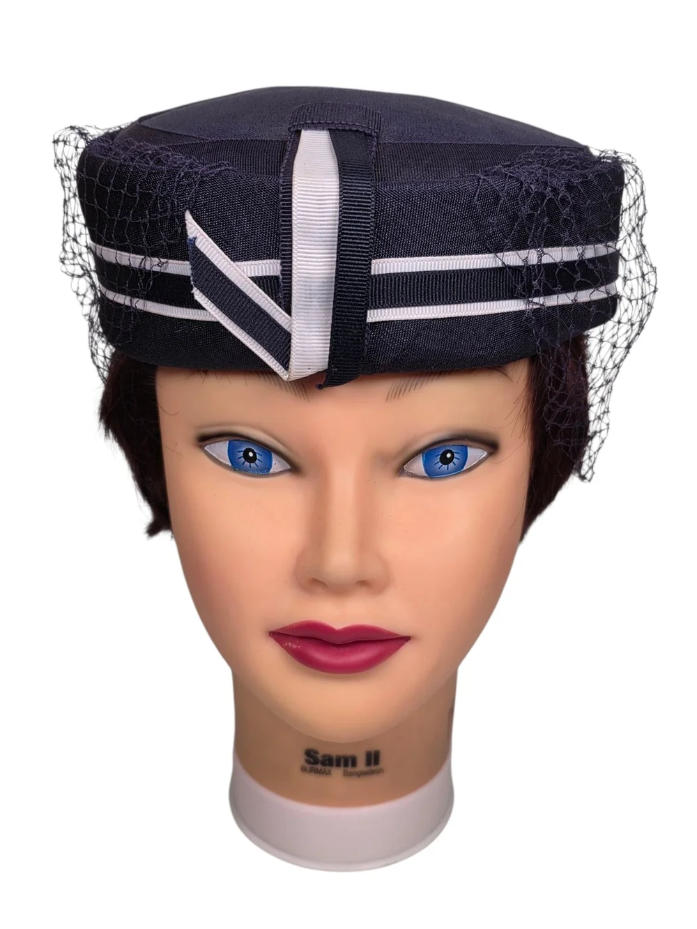 Vintage 1960s Navy Blue Pillbox Hat Veil Netting Bow Union Made USA Mid Century