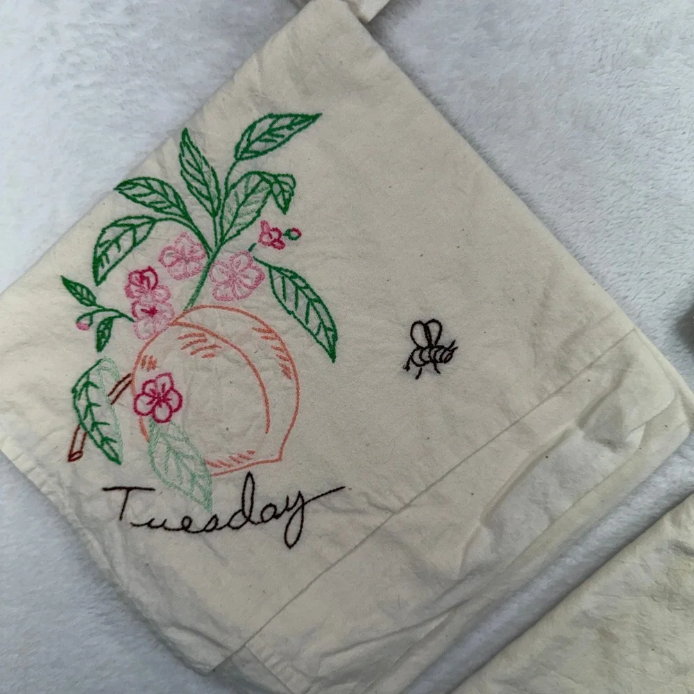 Vintage Tea Towels Days the Week Fruit Hand Embroidered Set of 5 Cream Kitschy