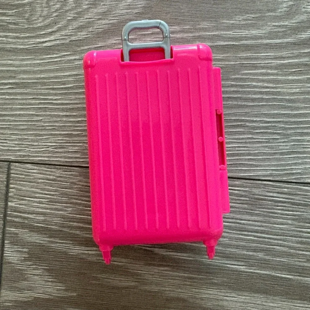 Barbie Doll Accessory Pink Retractable Handle Travel Plastic Luggage Suitcase